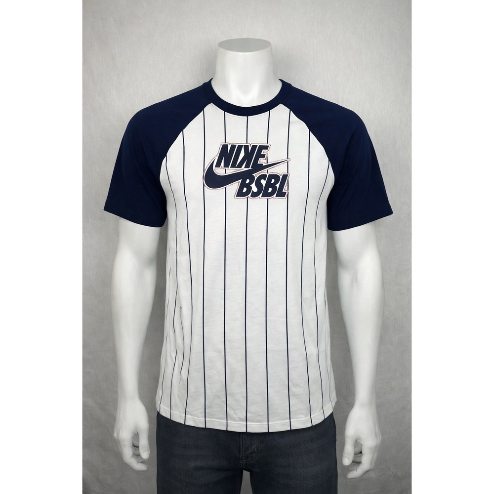 Nike Boys BSBL Baseball Pinstripe Raglan T-Shirt White Blue XL
